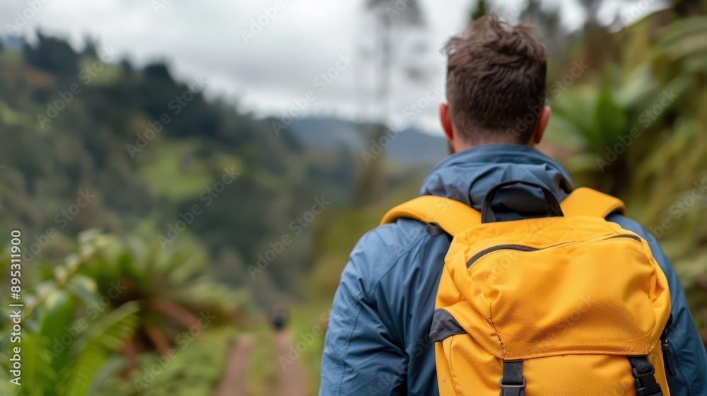 A man with a yellow backpack hikes through a lush, green forest, embodying adventure, exploration, and the connection to nature that hiking offers in serene environments. A man with a yellow backpack hikes through a lush, green forest, embodying adventure, exploration, and the connection to nature that hiking offers in serene environments.