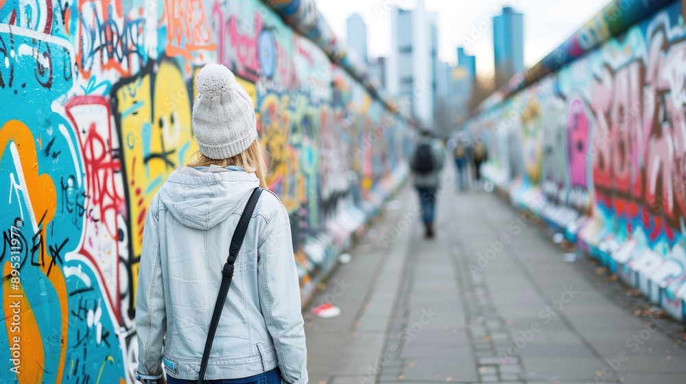 A person wearing a white beanie walks along a path flanked by colorful graffiti on both sides, showcasing a vibrant urban artistic environment and skyline in the distance. A person wearing a white beanie walks along a path flanked by colorful graffiti on both sides, showcasing a vibrant urban artistic environment and skyline in the distance.