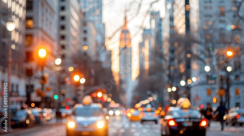 A vibrant, blurry city street scene depicting moving cars and tall skyscrapers at dusk, with a warm orange glow from street lights and the setting sun reflecting on buildings. photo