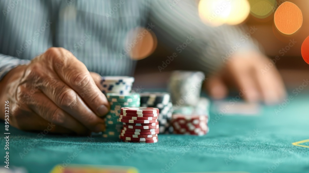 A close-up of a player's hand stacking a pile of colorful poker chips on a green casino table, reflecting the strategy and tension often experienced during a game.