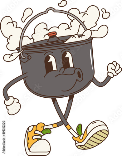 Cartoon retro groovy cauldron travel camp and tourism character. Isolated vector playful anthropomorphic pot in sneakers and gloves, walking joyfully with happy face and steam emanating from open top