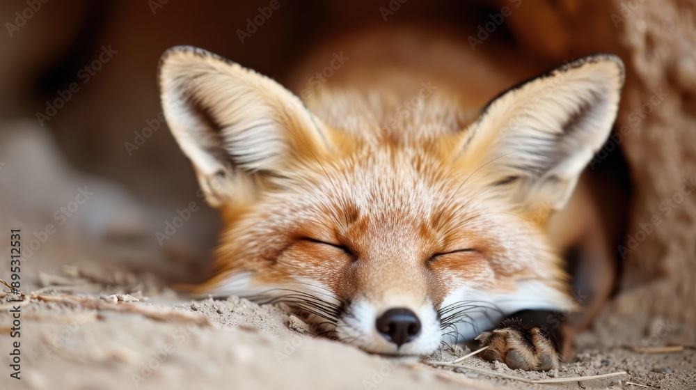 Obraz premium A heartwarming image of a fox sleeping peacefully while curled up in its den, radiating an aura of warmth, comfort, and restfulness, set in a natural and serene environment.