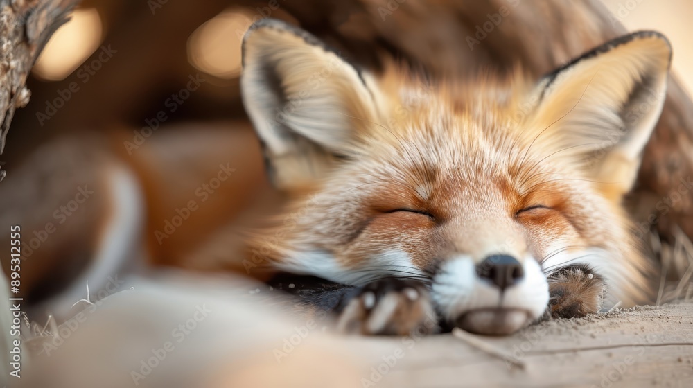 Fototapeta premium The image captures a serene moment of a fox peacefully sleeping under a log, with ears perked and eyes closed, surrounded by a soft-focus natural background.