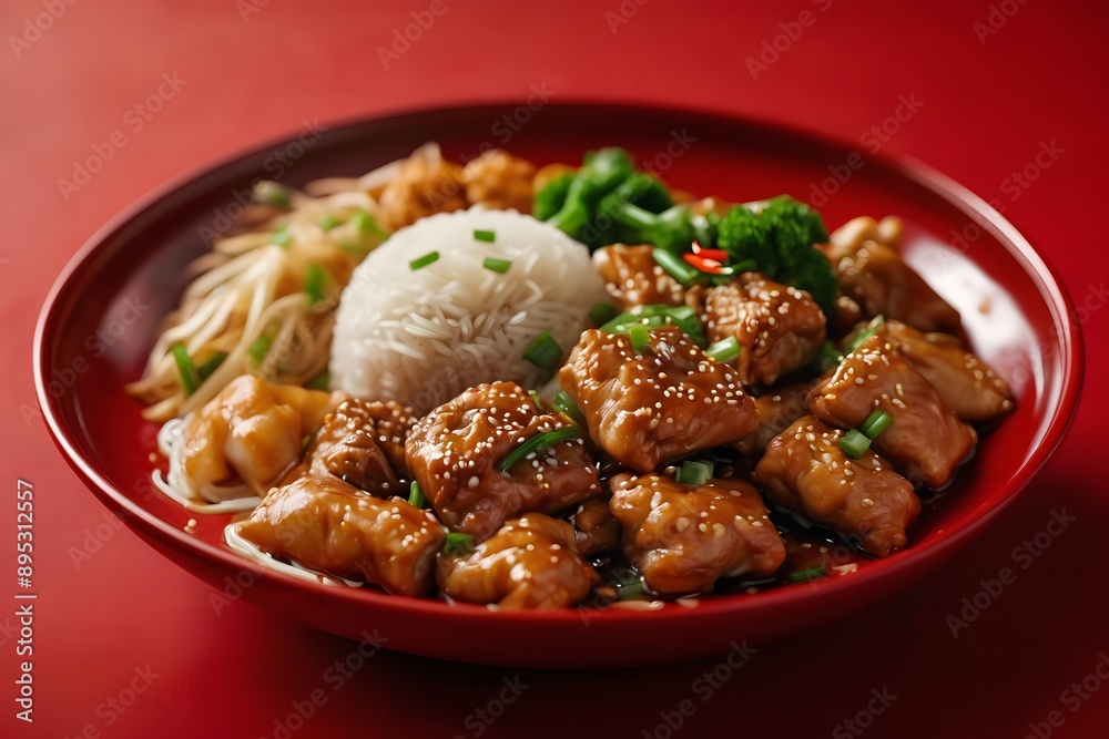 Chinese new year celebration with Chinese food meal on red table background, Chinese New Year. Chinese new year celebration with Chinese food meal on red table background, Chinese New Year.