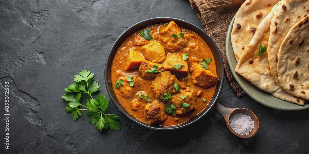 Freshly baked kuboos or roti with chicken curry on a black background, Arabic, Pakistani, flat bread, kuboos, roti, fresh Freshly baked kuboos or roti with chicken curry on a black background, Arabic, Pakistani, flat bread, kuboos, roti, fresh