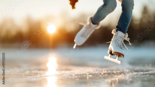 This image captures a close-up view of ice skates in action on a frozen lake at sunset, emphasizing the tranquility and beauty of outdoor ice skating during winter. photo