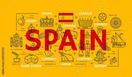 Spain travel landmarks line icons of Spanish culture, vector sightseeing attractions. Spain flag and national symbols of corrida and flamenco, cuisine jamon and cheese with music instrument castanets