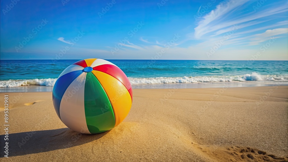 Colorful inflatable beach ball on sandy beach, summer, fun, play, vacation, leisure, recreation, seaside, toy, round, striped Colorful inflatable beach ball on sandy beach, summer, fun, play, vacation, leisure, recreation, seaside, toy, round, striped