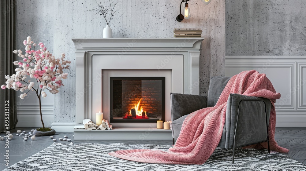 Fototapeta premium Modern apartment interior with fireplace, grey armchair, pink blanket, and patterned carpet