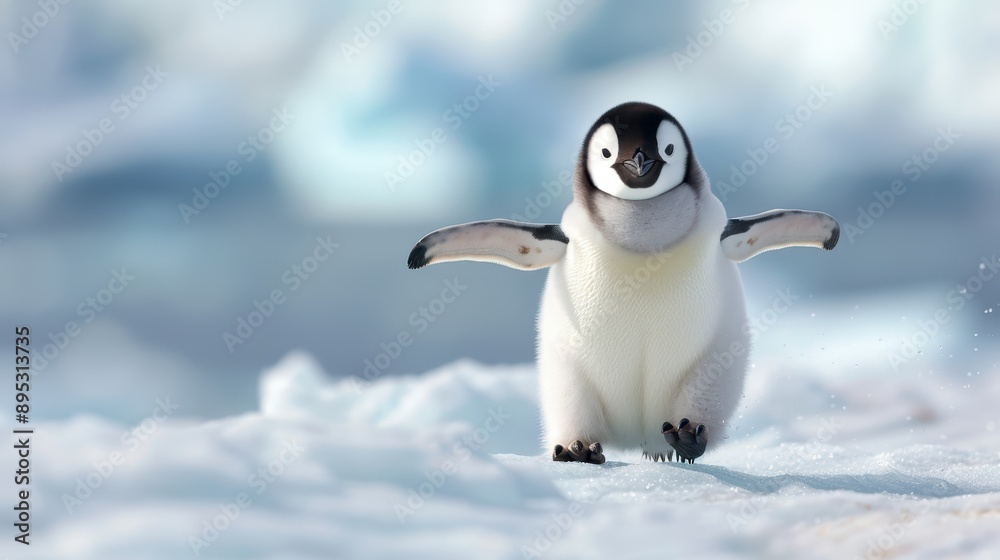 Fototapeta premium A delightful image of an adorable baby penguin waddling across the icy terrain of Antarctica, capturing the purity, innocence, and wonder of wildlife in a pristine environment.