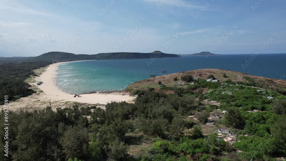 Aerial view of Hon yen island and fishing boat, in Phu Yen, Vietnam