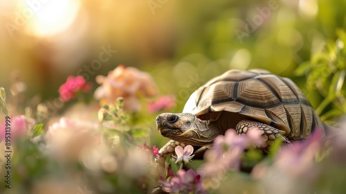 A tortoise positioned amidst beautiful flowers in a garden setting, illuminated by a golden light, showcasing the charm and tranquility of nature in a picturesque scene. photo