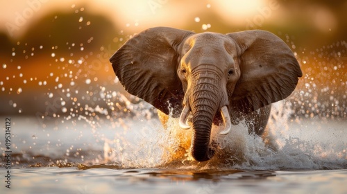 An elephant is depicted charging through the water in a dramatic setting, with a vibrant sunset casting beautiful golden hues over the scene, showcasing wildlife in action.