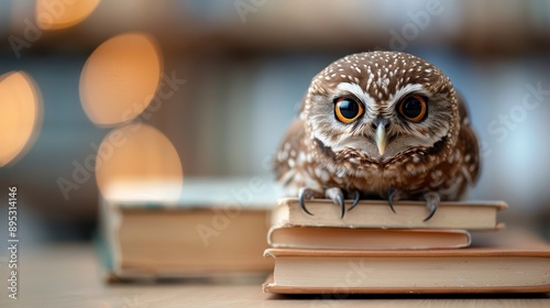 Wallpaper Mural A close-up shot of a cute owl with piercing eyes perched atop a stack of books, with a beautifully blurred bokeh background creating a warm and inviting atmosphere. Torontodigital.ca