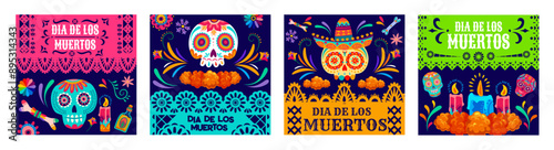 Day of the dead Mexican holiday papel picado paper cut banners. Dia de los muertos dead sugar calavera skull, candles and marigold flowers. Vector square greeting cards with calaca heads and blossoms