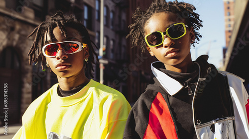 close-up portrait of two young skaters posing with a tough attitude, dressed in the coolest street fashion