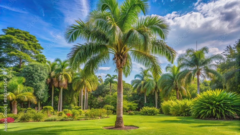 Tall palm tree standing tall in a lush garden setting , Tropical, outdoor, greenery, nature, exotic, landscaping, paradise Tall palm tree standing tall in a lush garden setting , Tropical, outdoor, greenery, nature, exotic, landscaping, paradise