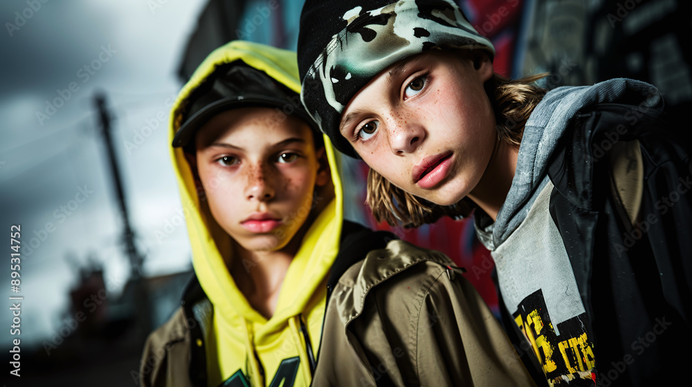 close-up portrait of two young skaters posing with a tough attitude, dressed in the coolest street fashion close-up portrait of two young skaters posing with a tough attitude, dressed in the coolest street fashion
