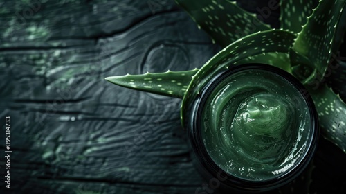 Aloe vera face cream on dark wooden background Homemade beauty product with organic and self care concept Close up of aloe vera leaves