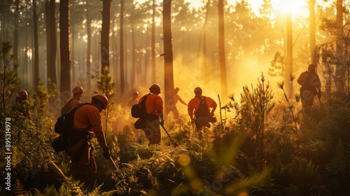 Firefighters battling a forest fire at sunrise © Godam