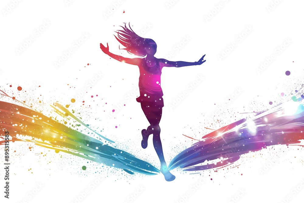 Bright flat illustration running persona in multi-coloured paint splashes, concept of sport, running, healthy lifestyle Bright flat illustration running persona in multi-coloured paint splashes, concept of sport, running, healthy lifestyle