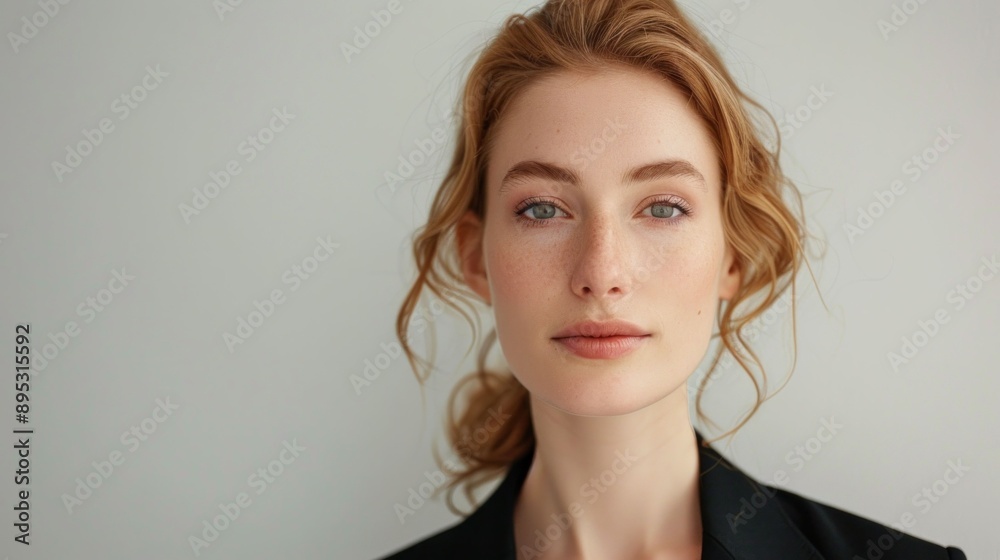 Portrait of a stylish woman with red hair and black blazer in business fashion travel concept Portrait of a stylish woman with red hair and black blazer in business fashion travel concept
