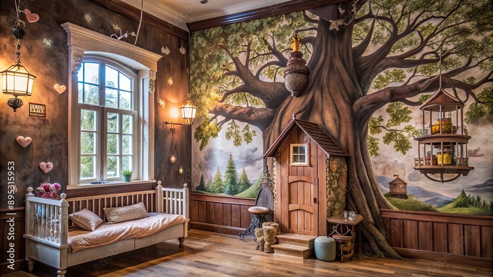 Obraz premium Enchanted nursery with whimsical treehouse mural , Treehouse, enchanted, nursery, magical, fantasy, fairytale, mural, tree