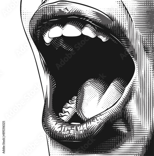 Mouth open wide with dot pattern.