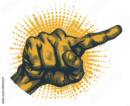 Hand pointing with a yellow burst background.