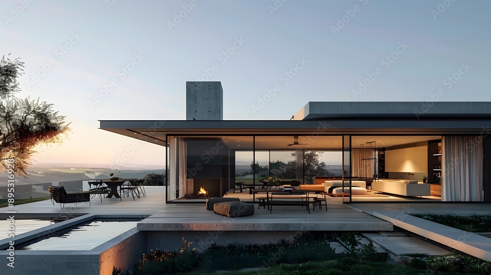 Fototapeta premium Modern House with Large Windows and Pool