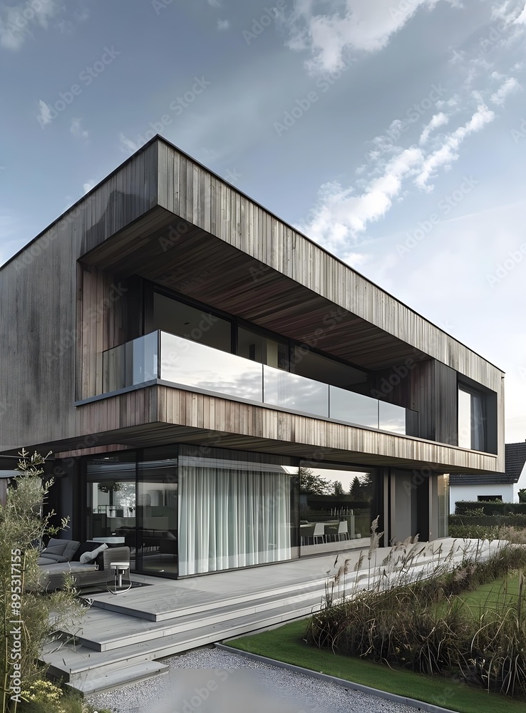 Fototapeta premium Modern Wooden House with Large Windows and Balcony