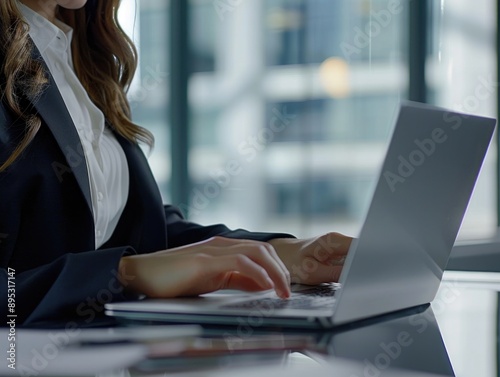 A professional woman sitting at a desk, typing away on her laptop