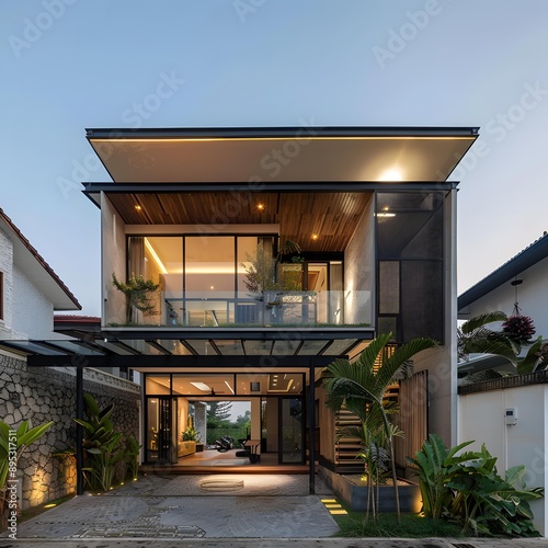 Modern Two Storey House with Glass Balcony and Green Plants