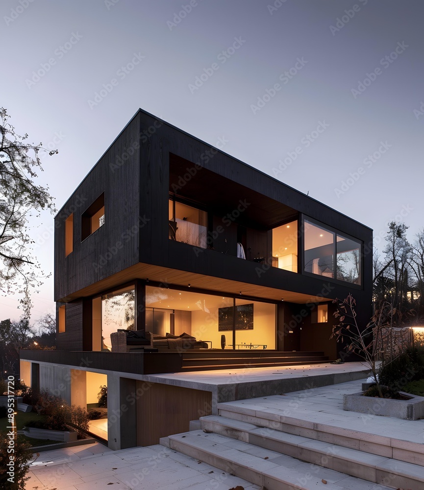 Modern Black House with Large Windows and Concrete Steps Modern Black House with Large Windows and Concrete Steps
