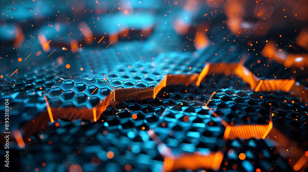 Light hexagon texture with a honeycomb pattern and a vibrant digital design in blue and orange Light hexagon texture with a honeycomb pattern and a vibrant digital design in blue and orange