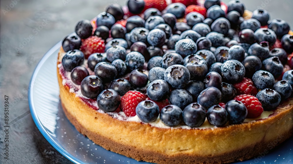 Close-up of delicious keke de blueberries dessert with fresh berries on top, blueberries, dessert, food, sweet, treat Close-up of delicious keke de blueberries dessert with fresh berries on top, blueberries, dessert, food, sweet, treat