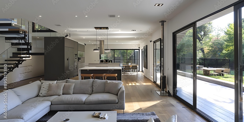 Modern Living Room Interior Design with Open Floor Plan and Sliding ...