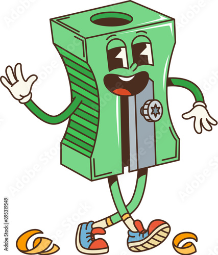Retro groovy school pencil sharpener character. Isolated cartoon vector personage with playful expression, wearing shoes, and surrounded by pencil shavings, embodies creativity and childhood nostalgia