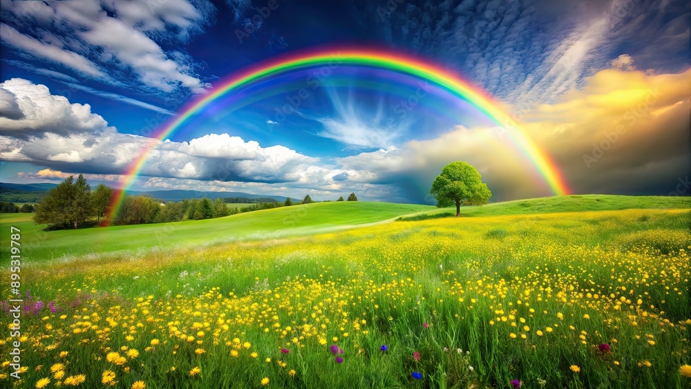 Vibrant spring meadow with rainbow in background, Spring, meadow, vibrant, colorful, flowers, grass, rainbow, sky, nature Vibrant spring meadow with rainbow in background, Spring, meadow, vibrant, colorful, flowers, grass, rainbow, sky, nature