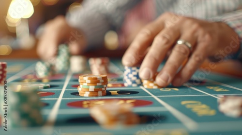 A close-up image of a person's hand arranging a stack of colorful poker chips on a roulette table in a casino, highlighting the gambling environment and the game's intensity. photo