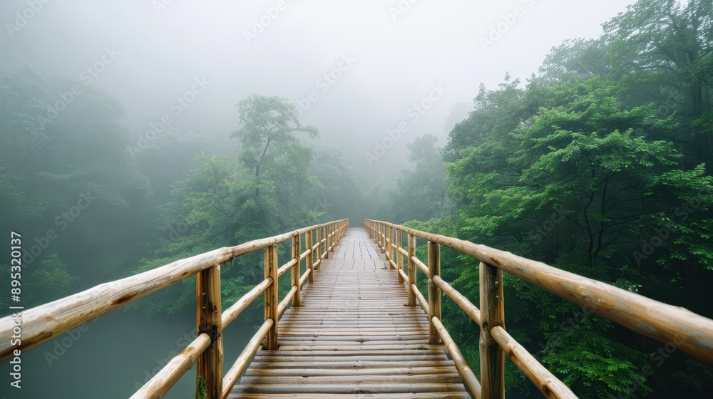 Fototapeta premium A wooden bridge extends through a misty forest, enveloped in fog, creating a serene and mysterious atmosphere, inviting tranquility and reflection.