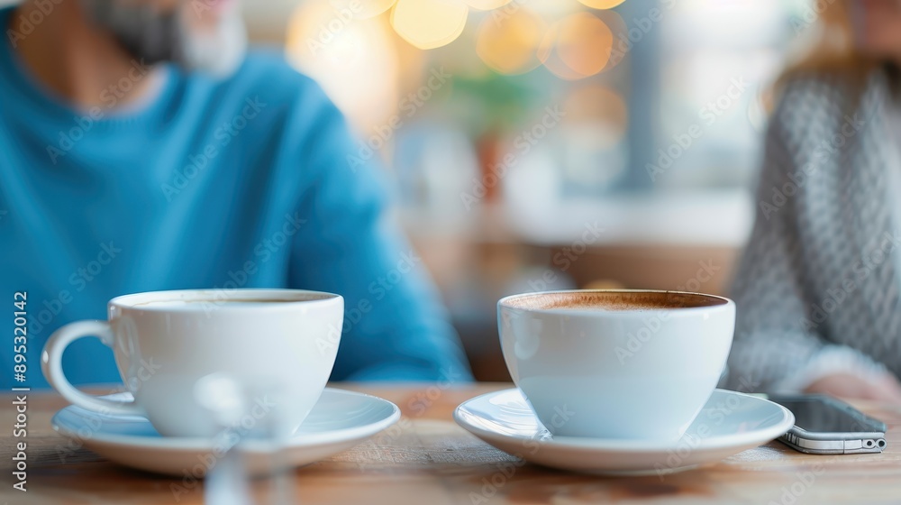 Two individuals, partially visible, engage in conversation over coffee cups on a cafe table, suggesting social interaction and connection in a relaxed setting. Two individuals, partially visible, engage in conversation over coffee cups on a cafe table, suggesting social interaction and connection in a relaxed setting.