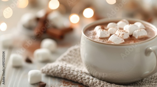 A steaming cup of hot chocolate topped with marshmallows is placed on a cozy knitted cloth, creating a warm and inviting atmosphere perfect for relaxation and enjoyment.