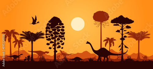 Prehistoric dinosaur silhouettes in sunset of jungle forest, vector Jurassic era lizards. Prehistoric dinosaur silhouettes background of brontosaurus, T-rex tyrannosaurus with velociraptor and birds