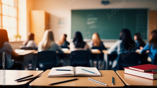 Open Notebook and Pencils on a Desk in a High School Classroom