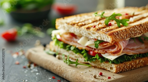 A savory grilled sandwich featuring layers of ham, greens, and cheese, presented on a rustic wooden board, capturing a blend of flavors and textures in a classic preparation.