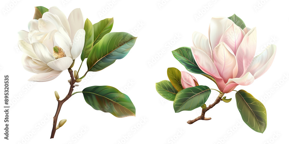 Beautiful magnolia flowers with delicate petals and lush green leaves, perfect for springtime decoration or botanical illustration. Beautiful magnolia flowers with delicate petals and lush green leaves, perfect for springtime decoration or botanical illustration.