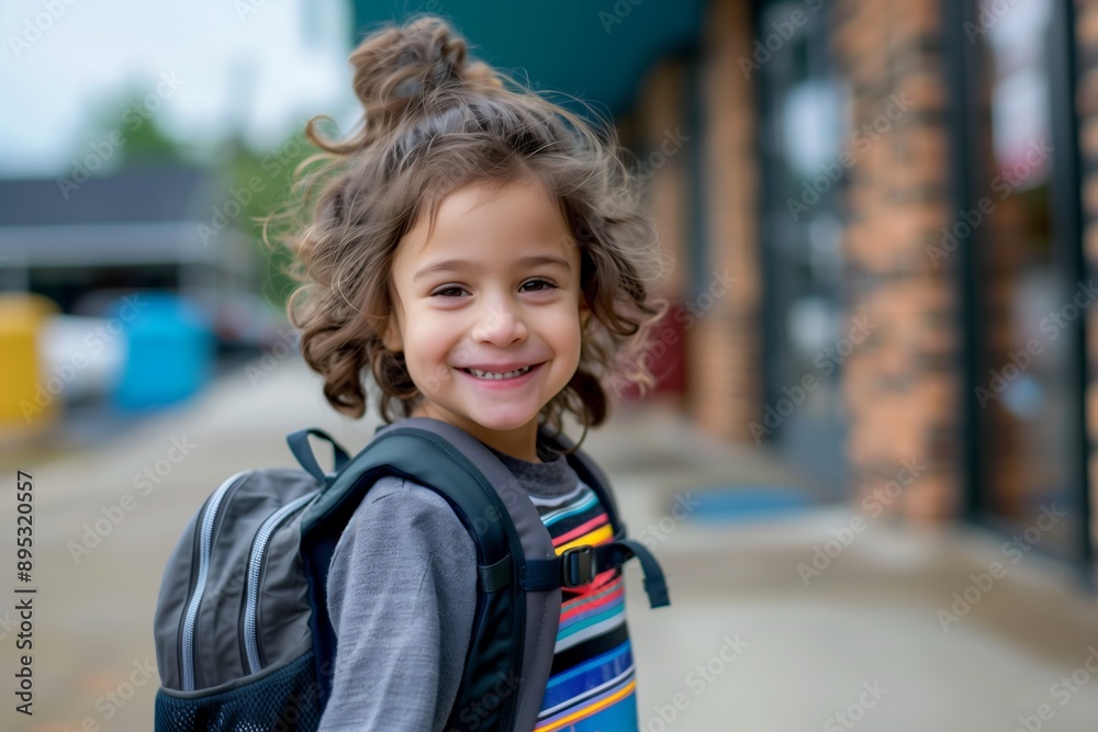 Smiling Child with Curly Hair Walking to School with a Backpack, back to school concept. Smiling Child with Curly Hair Walking to School with a Backpack, back to school concept.