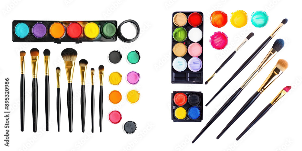 Naklejka premium Colorful makeup items including brushes, palettes, and paints arranged neatly for artistic use and creativity.
