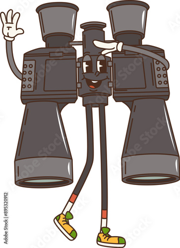 Cartoon binoculars retro groovy travel camp and tourism character. Isolated vector anthropomorphic optical equipment personage with a friendly face and limbs, wearing sneakers, gloves and waving hand